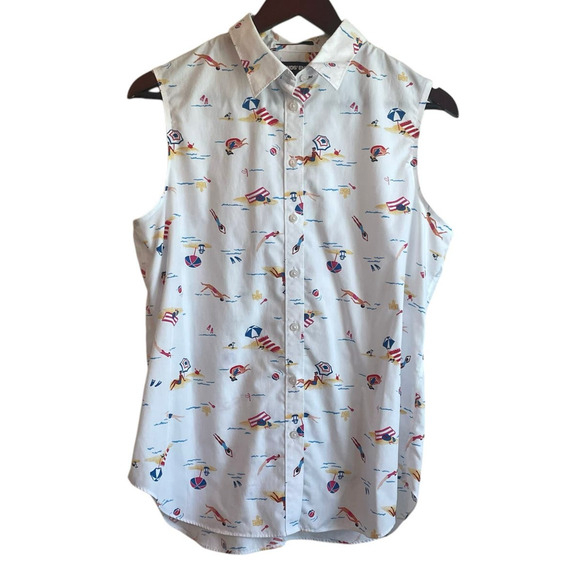 Lands End Women Top 16 White Sleeveless Button Up Beach Summer Novelty Print - Picture 1 of 11
